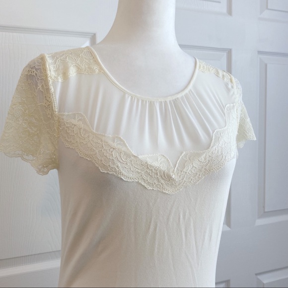 Express Sheer & Lace Short Sleeve Ivory Top Tee - Picture 2 of 7